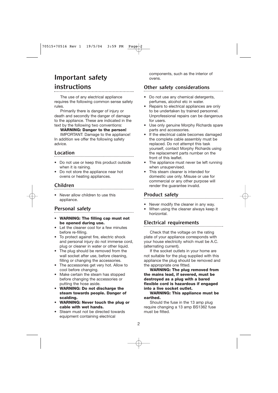 Important safety instructions, Location, Children | Personal safety, Other safety considerations, Product safety, Electrical requirements | Morphy Richards GrimeBuster steam cleaner User Manual | Page 2 / 10