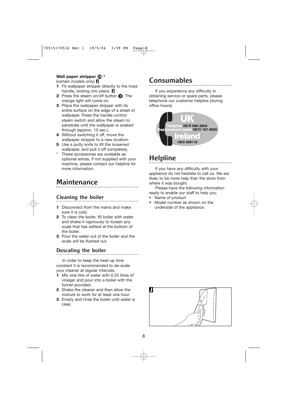 Maintenance, Consumables, Helpline | Cleaning the boiler, Descaling the boiler | Morphy Richards GrimeBuster steam cleaner User Manual | Page 8 / 10