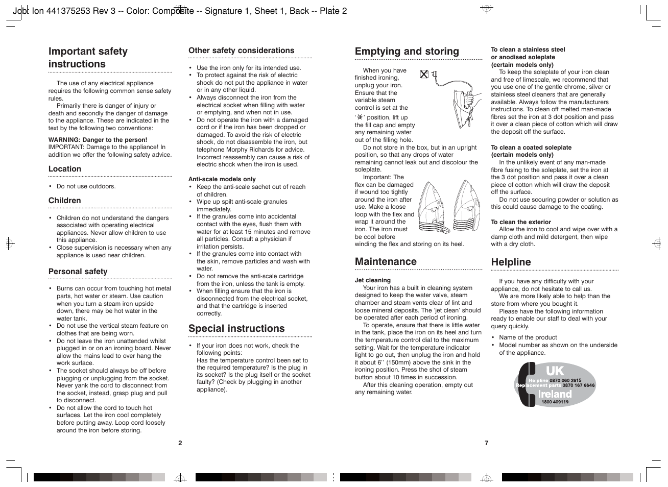 Important safety instructions, Special instructions, Emptying and storing | Maintenance, Helpline | Morphy Richards NO MODEL NO NUMBER User Manual | Page 2 / 4