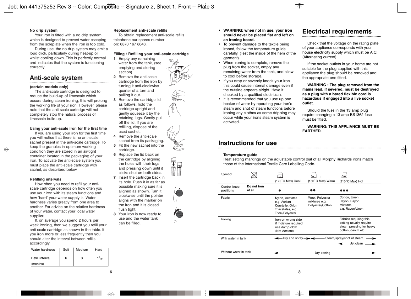 Anti-scale system, Electrical requirements, Instructions for use | Morphy Richards NO MODEL NO NUMBER User Manual | Page 3 / 4
