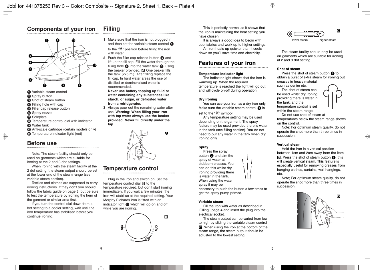 Components of your iron, Before use, Filling | Temperature control, Features of your iron | Morphy Richards NO MODEL NO NUMBER User Manual | Page 4 / 4