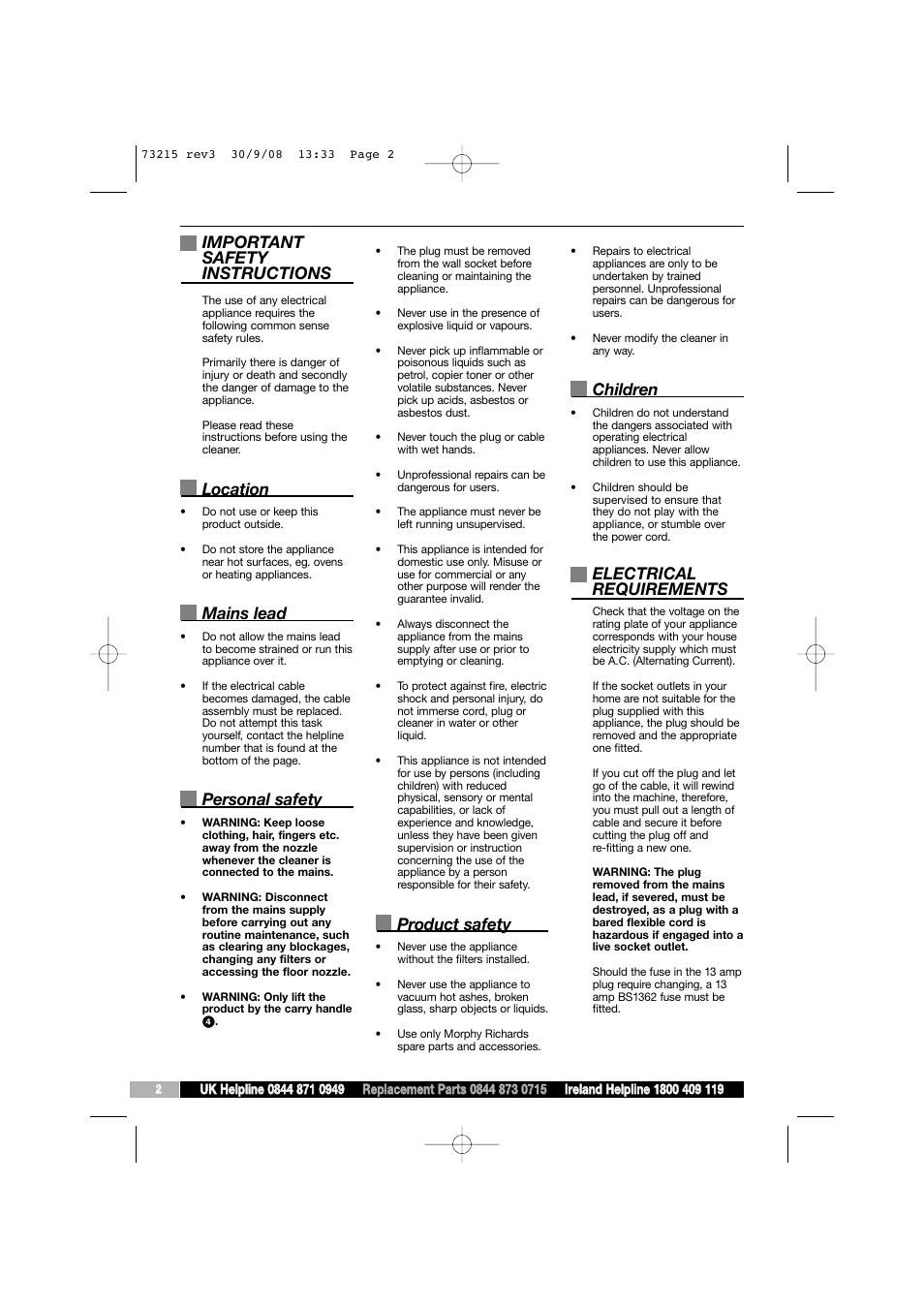 Important safety instructions, Location, Mains lead | Personal safety, Product safety, Children, Electrical requirements | Morphy Richards VC73215 User Manual | Page 2 / 8