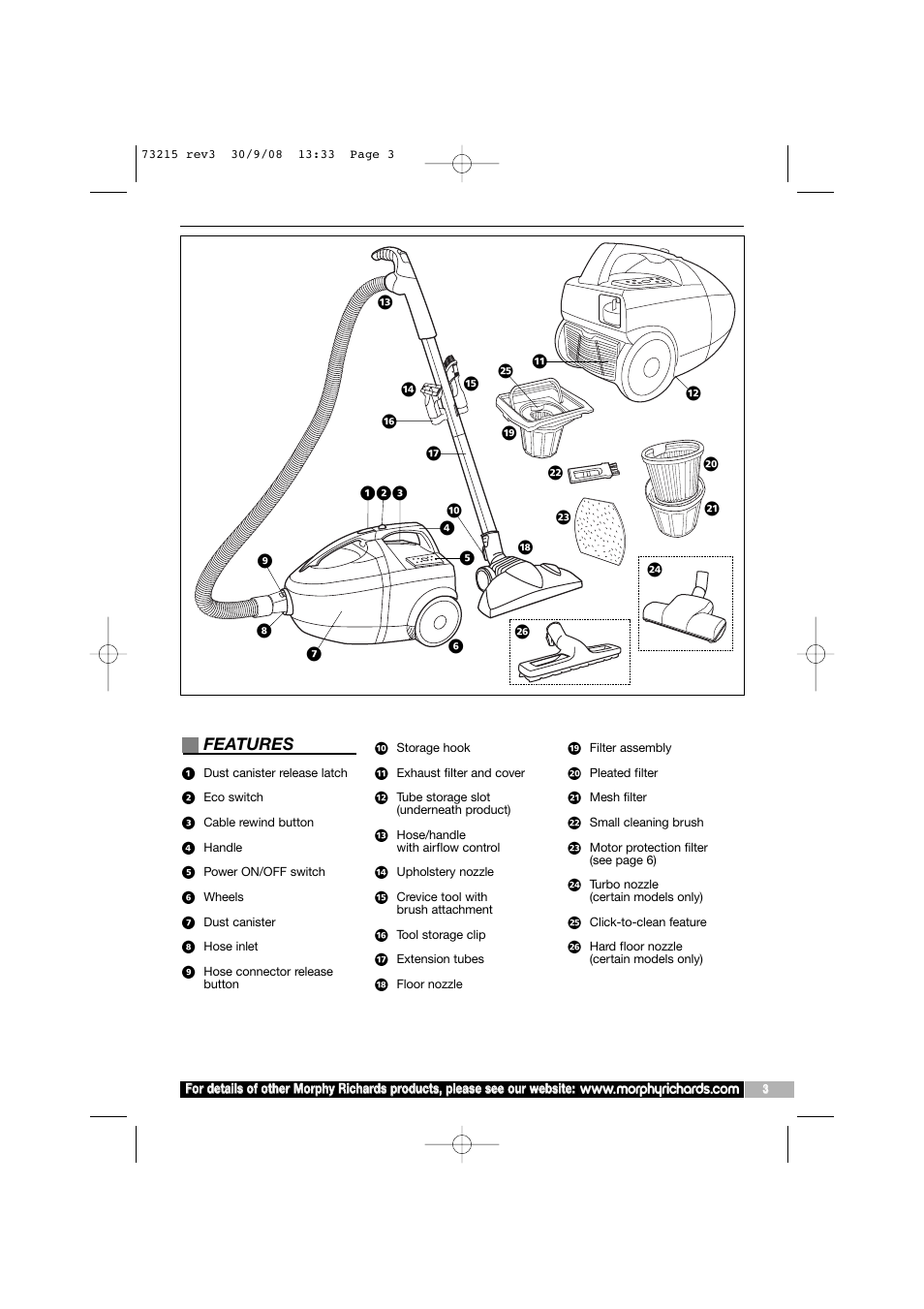 Features | Morphy Richards VC73215 User Manual | Page 3 / 8