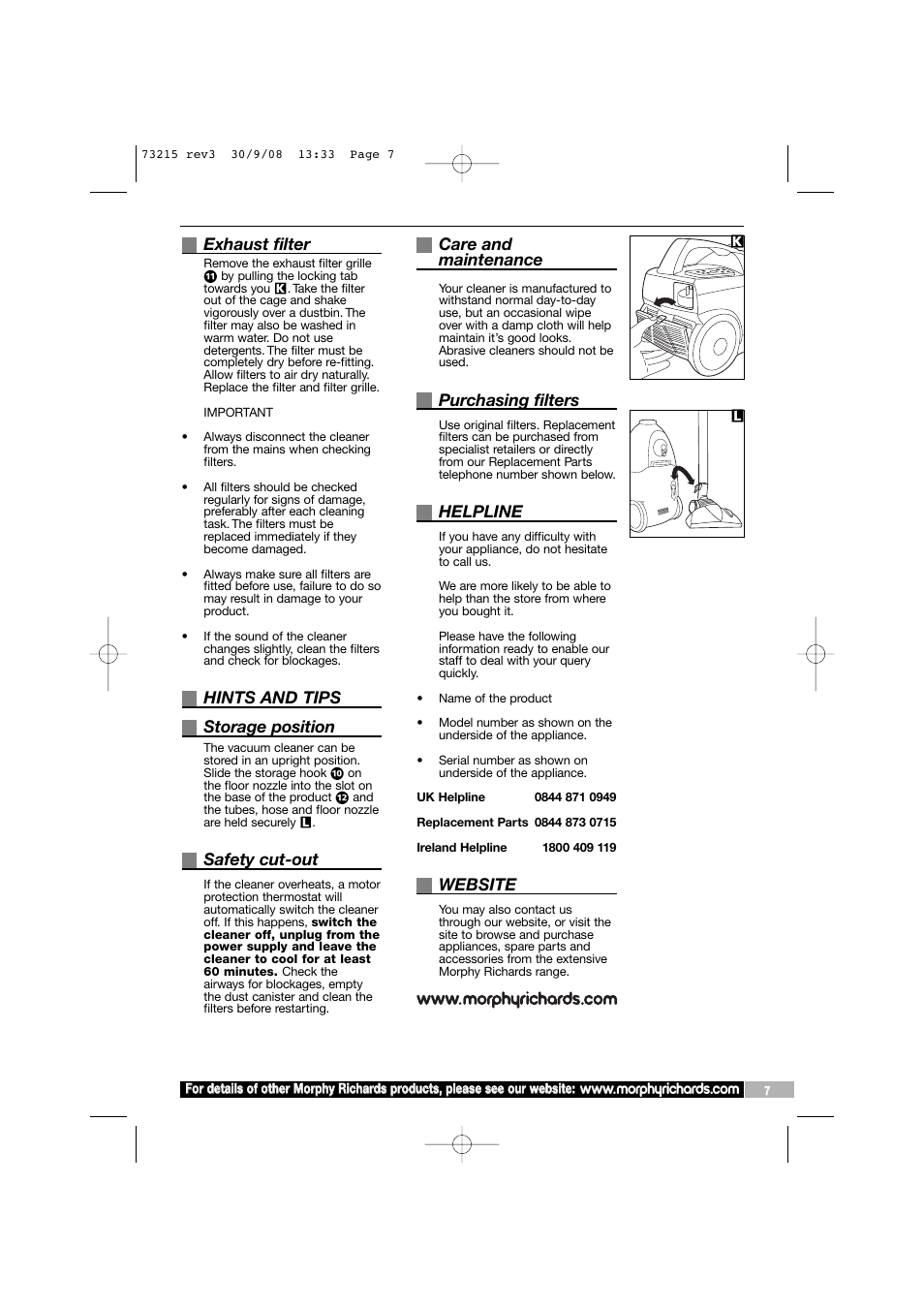 Exhaust filter, Hints and tips storage position, Safety cut-out | Care and maintenance, Purchasing filters, Helpline, Website | Morphy Richards VC73215 User Manual | Page 7 / 8