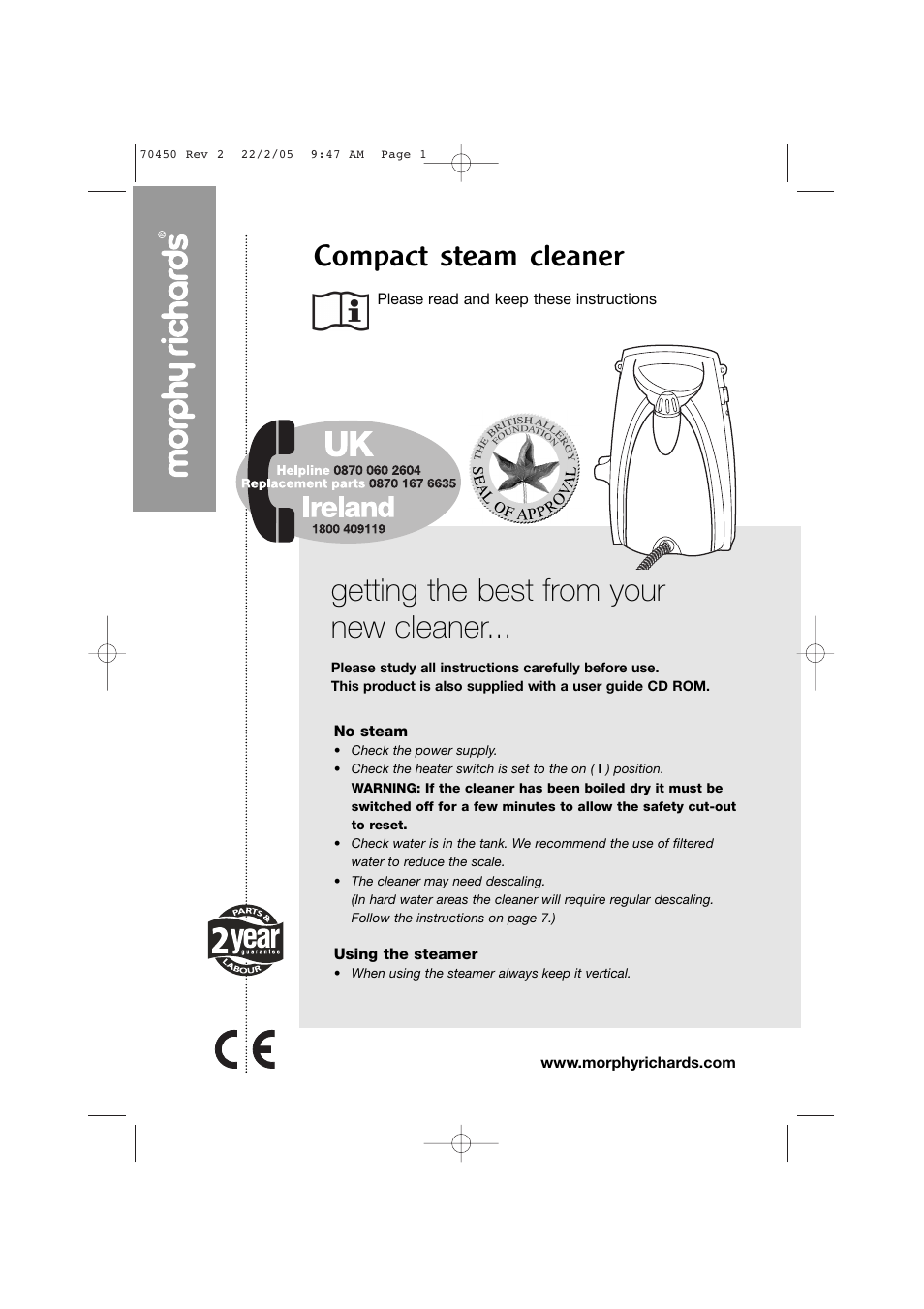 Morphy Richards Carpet Cleaner User Manual | 8 pages