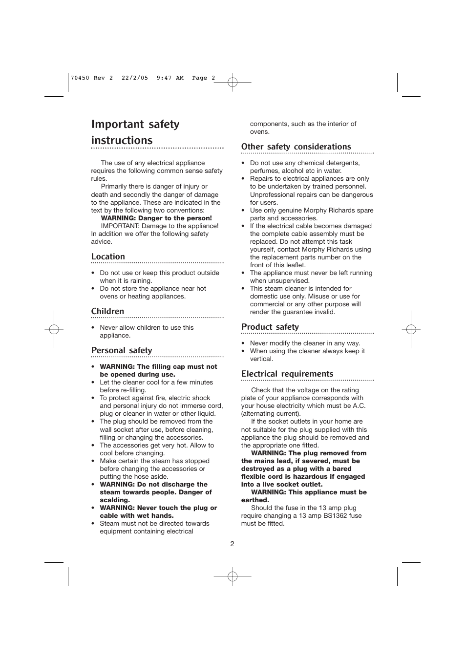 Important safety instructions, Location, Children | Personal safety, Other safety considerations, Product safety, Electrical requirements | Morphy Richards Carpet Cleaner User Manual | Page 2 / 8