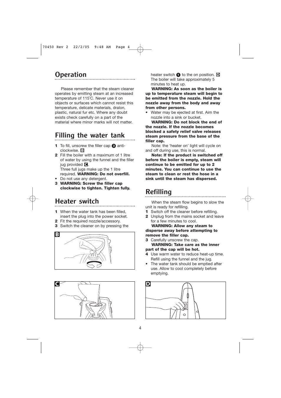 Operation, Filling the water tank, Heater switch | Refilling, Bc d | Morphy Richards Carpet Cleaner User Manual | Page 4 / 8