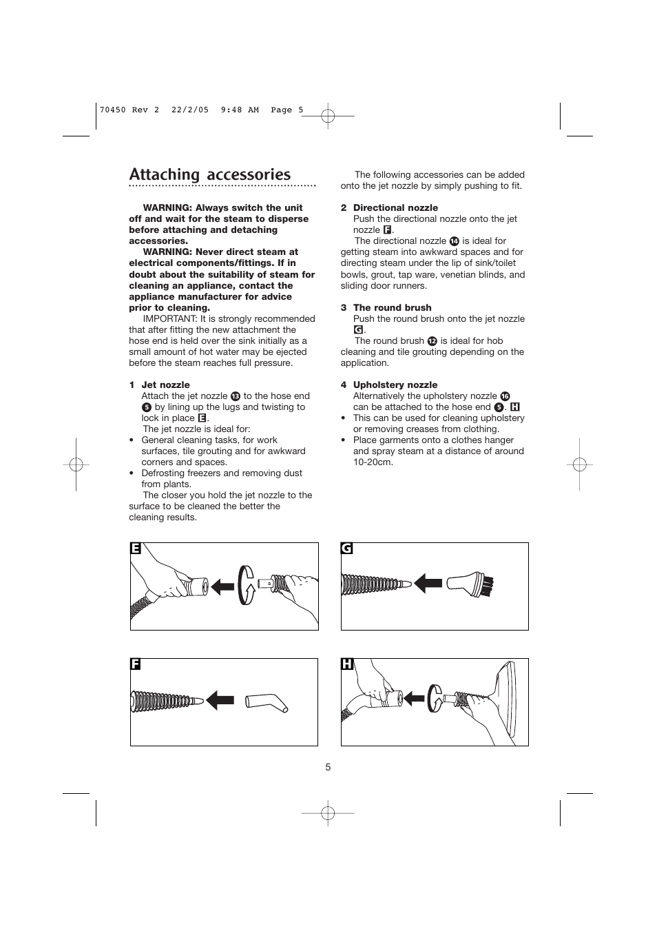 Attaching accessories, Ef g h | Morphy Richards Carpet Cleaner User Manual | Page 5 / 8