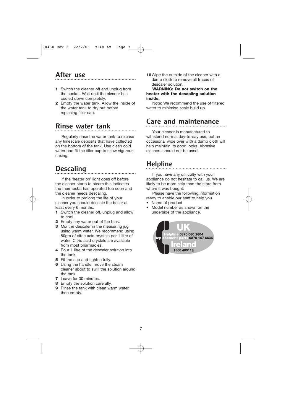 After use, Rinse water tank, Descaling | Care and maintenance, Helpline | Morphy Richards Carpet Cleaner User Manual | Page 7 / 8