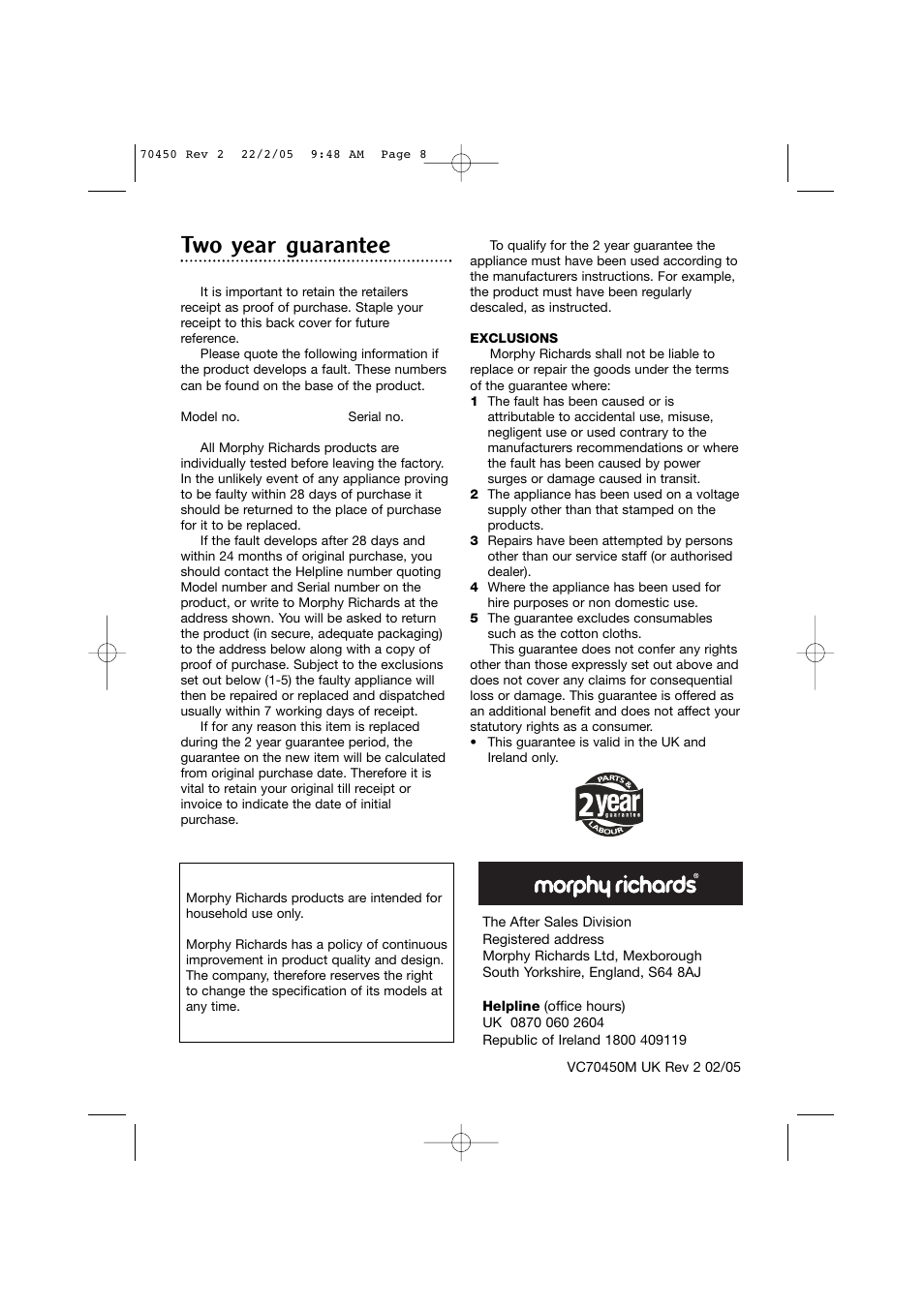 Two year guarantee | Morphy Richards Carpet Cleaner User Manual | Page 8 / 8