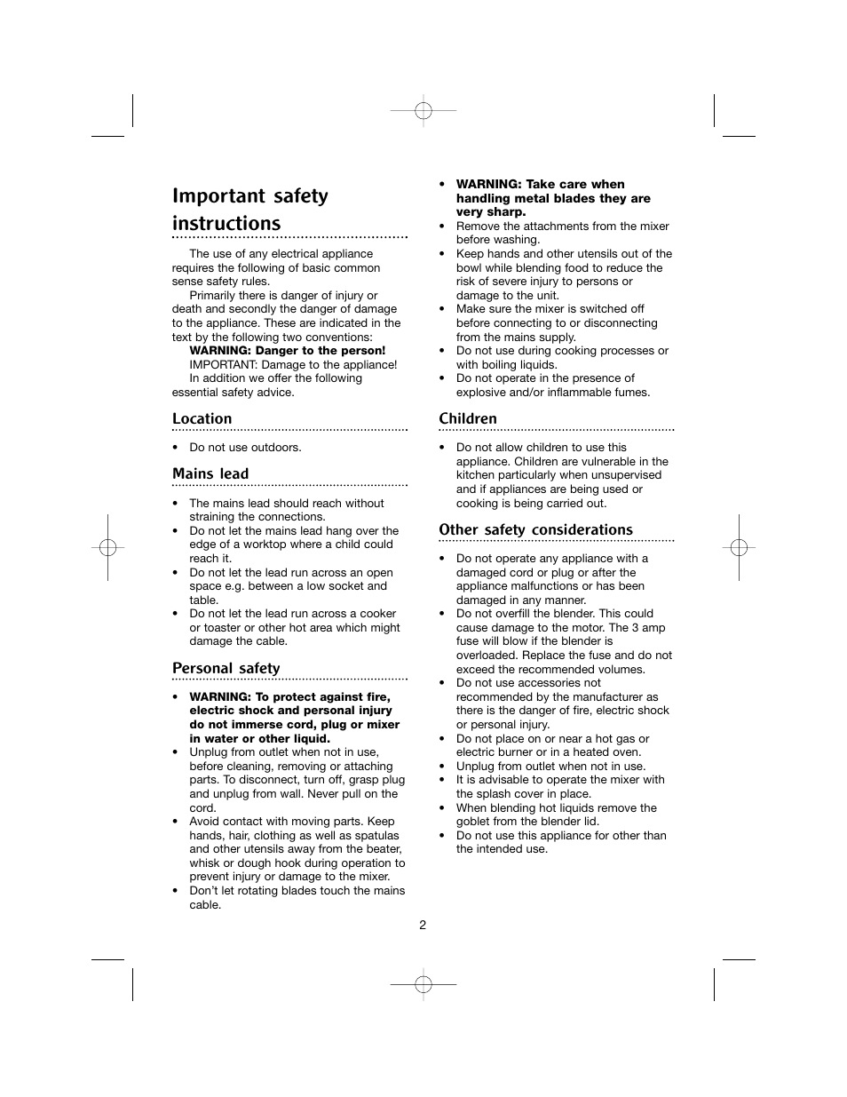 Important safety instructions, Location, Mains lead | Personal safety, Children, Other safety considerations | Morphy Richards Blender User Manual | Page 2 / 8