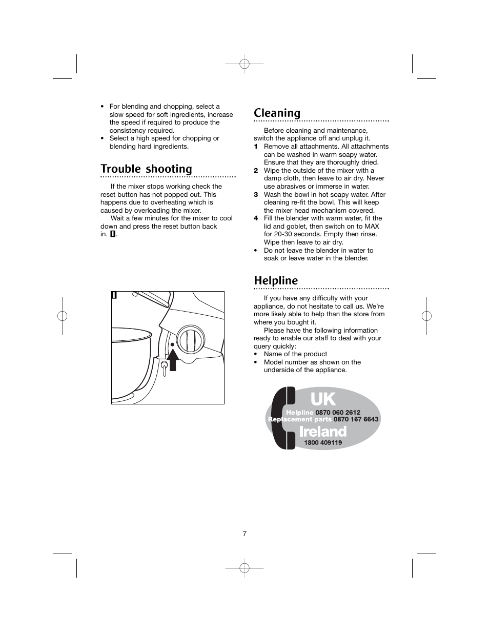 Trouble shooting, Cleaning, Helpline | Morphy Richards Blender User Manual | Page 7 / 8