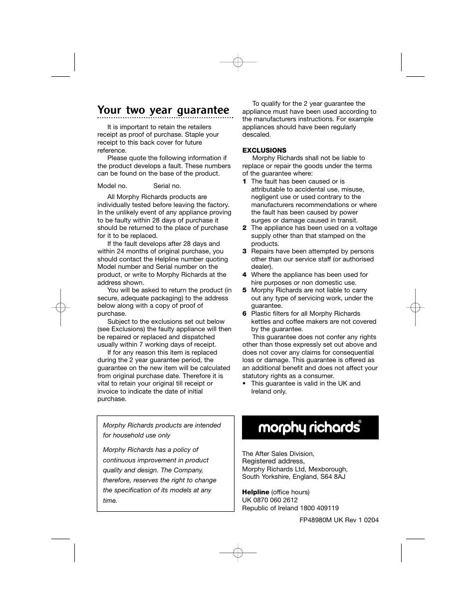 Your two year guarantee | Morphy Richards Blender User Manual | Page 8 / 8