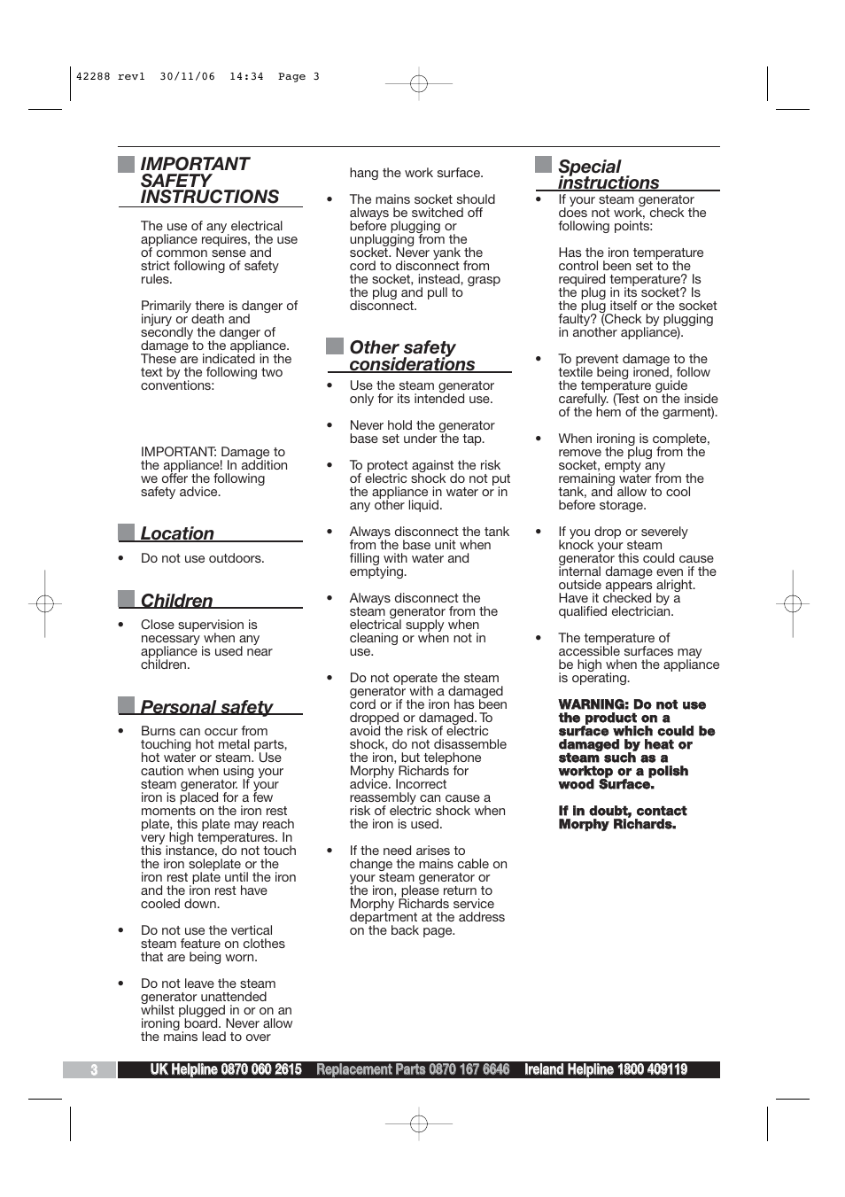 Important safety instructions, Location, Children | Personal safety, Other safety considerations, Special instructions | Morphy Richards ELITE 42288 User Manual | Page 2 / 10