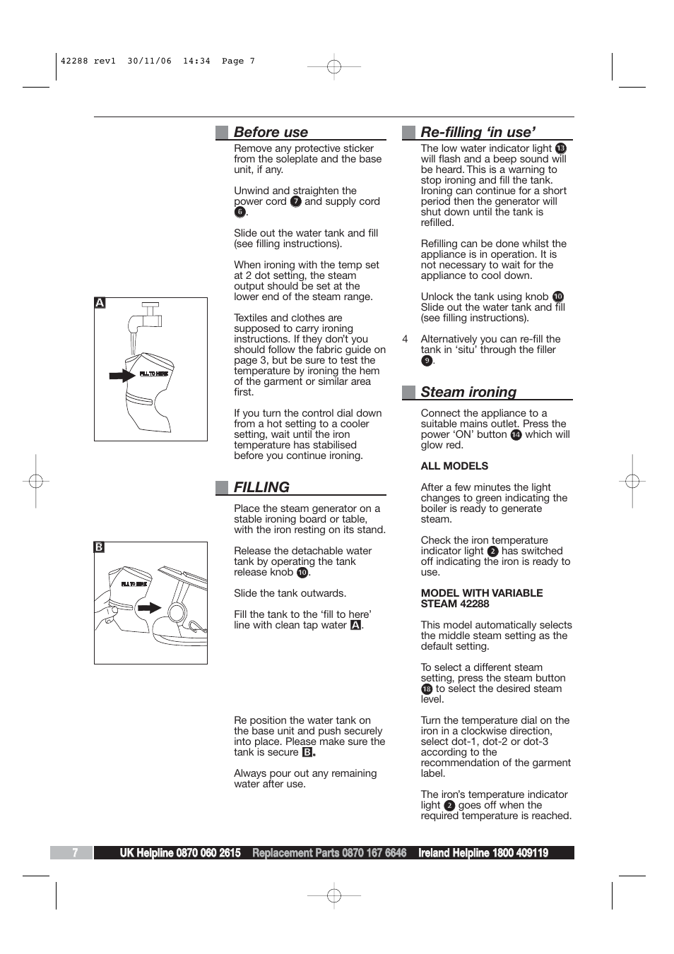 Before use, Filling, Re-filling ‘in use | Steam ironing | Morphy Richards ELITE 42288 User Manual | Page 6 / 10