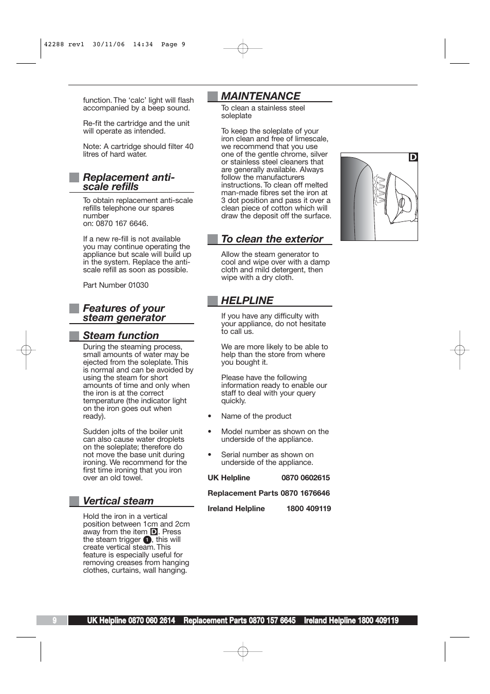 Replacement anti- scale refills, Features of your steam generator steam function, Vertical steam | Maintenance, Helpline | Morphy Richards ELITE 42288 User Manual | Page 8 / 10