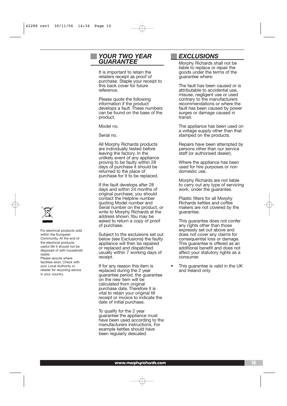 Your two year guarantee, Exclusions | Morphy Richards ELITE 42288 User Manual | Page 9 / 10
