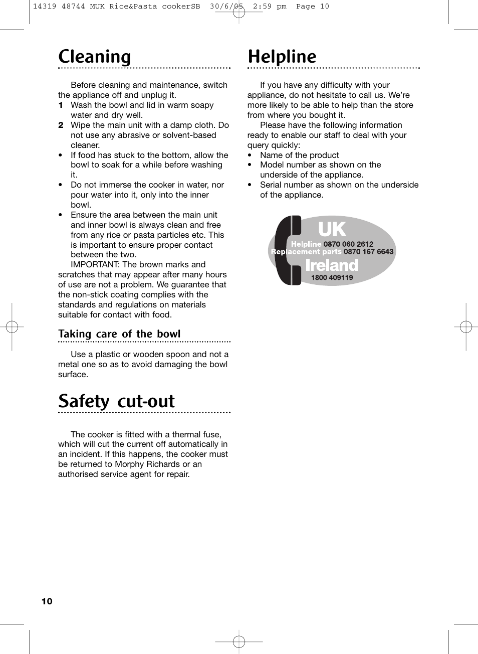 Cleaning, Safety cut-out, Helpline | Taking care of the bowl | Morphy Richards cooker User Manual | Page 10 / 12