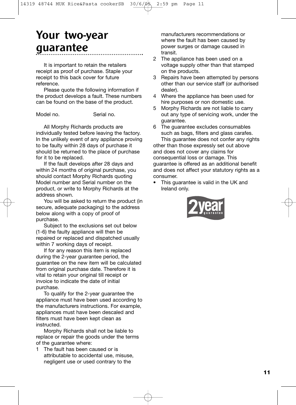 Your two-year guarantee | Morphy Richards cooker User Manual | Page 11 / 12