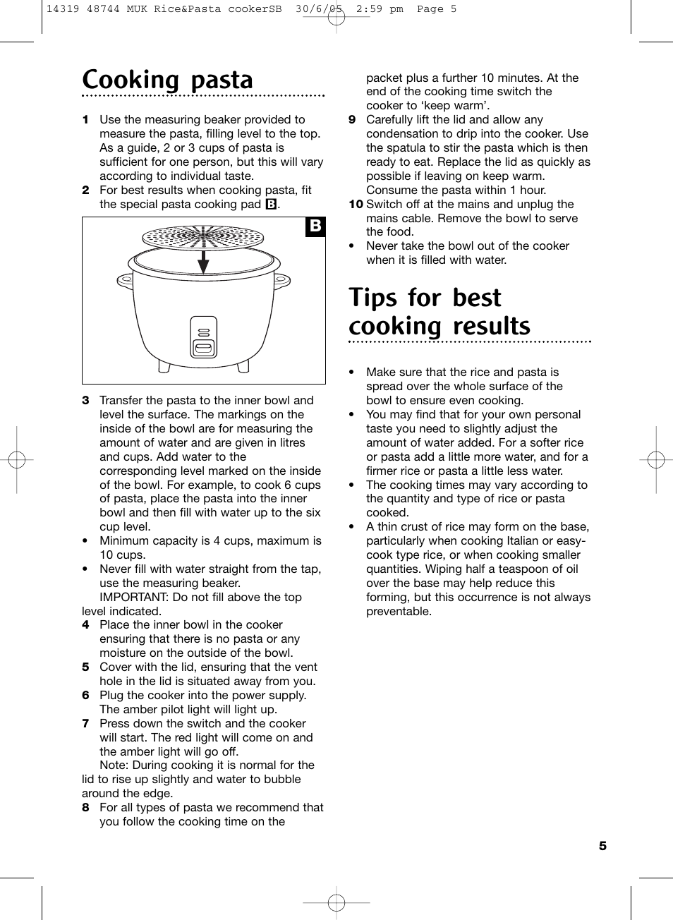 Cooking pasta, Tips for best cooking results | Morphy Richards cooker User Manual | Page 5 / 12