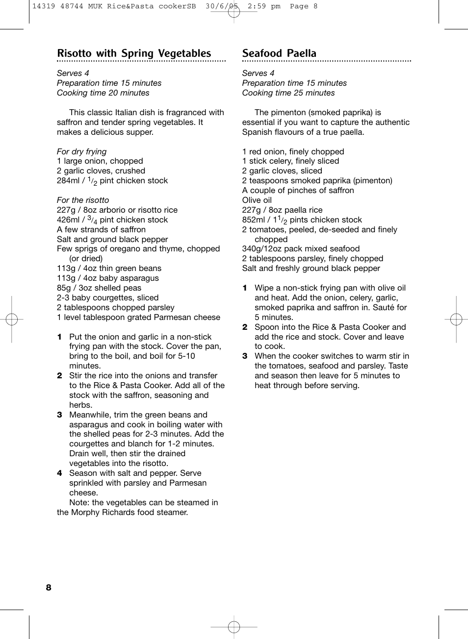 Risotto with spring vegetables, Seafood paella | Morphy Richards cooker User Manual | Page 8 / 12