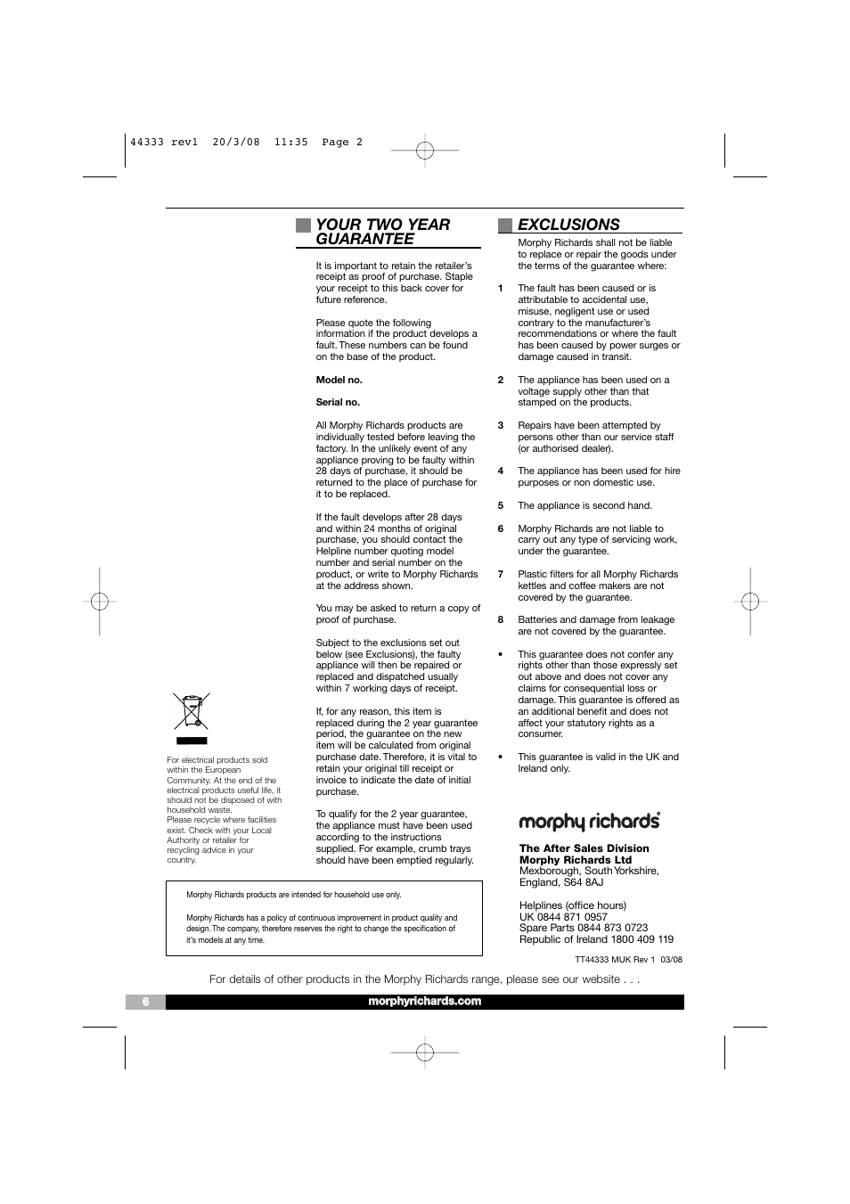Your two year guarantee, Exclusions | Morphy Richards 44333 User Manual | Page 2 / 6