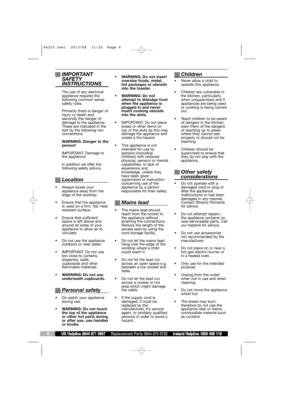 Important safety instructions, Location, Personal safety | Mains lead, Children, Other safety considerations | Morphy Richards 44333 User Manual | Page 4 / 6