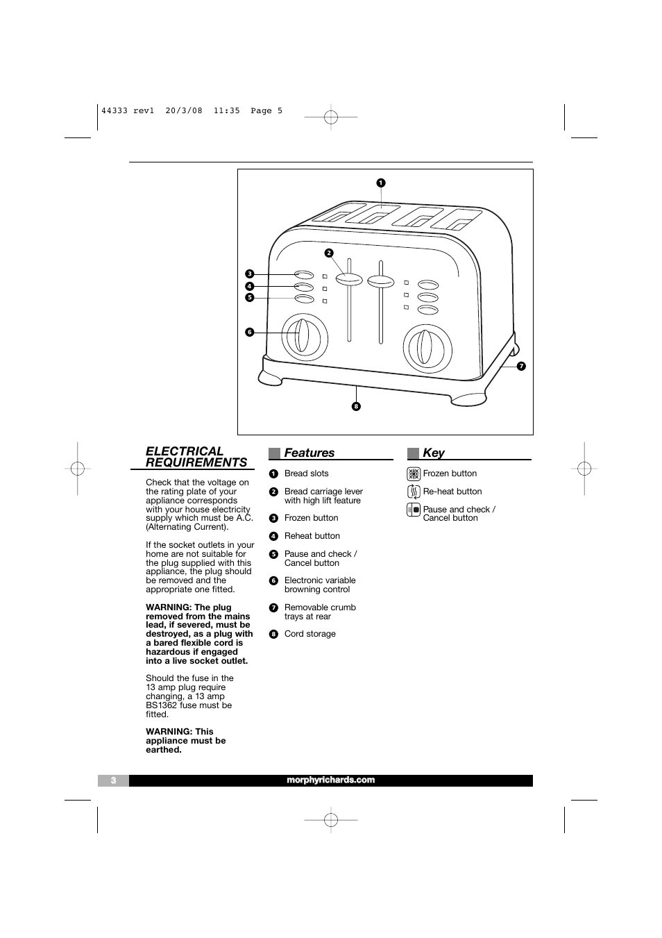 Electrical requirements, Features | Morphy Richards 44333 User Manual | Page 5 / 6