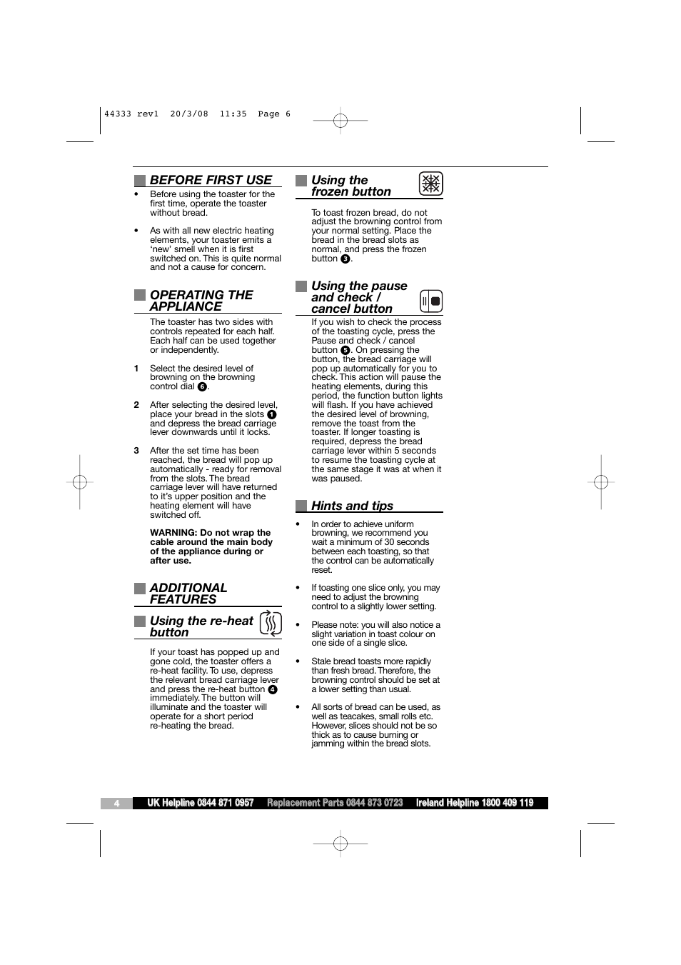 Before first use, Operating the appliance, Additional features using the re-heat button | Using the frozen button, Using the pause and check / cancel button, Hints and tips | Morphy Richards 44333 User Manual | Page 6 / 6