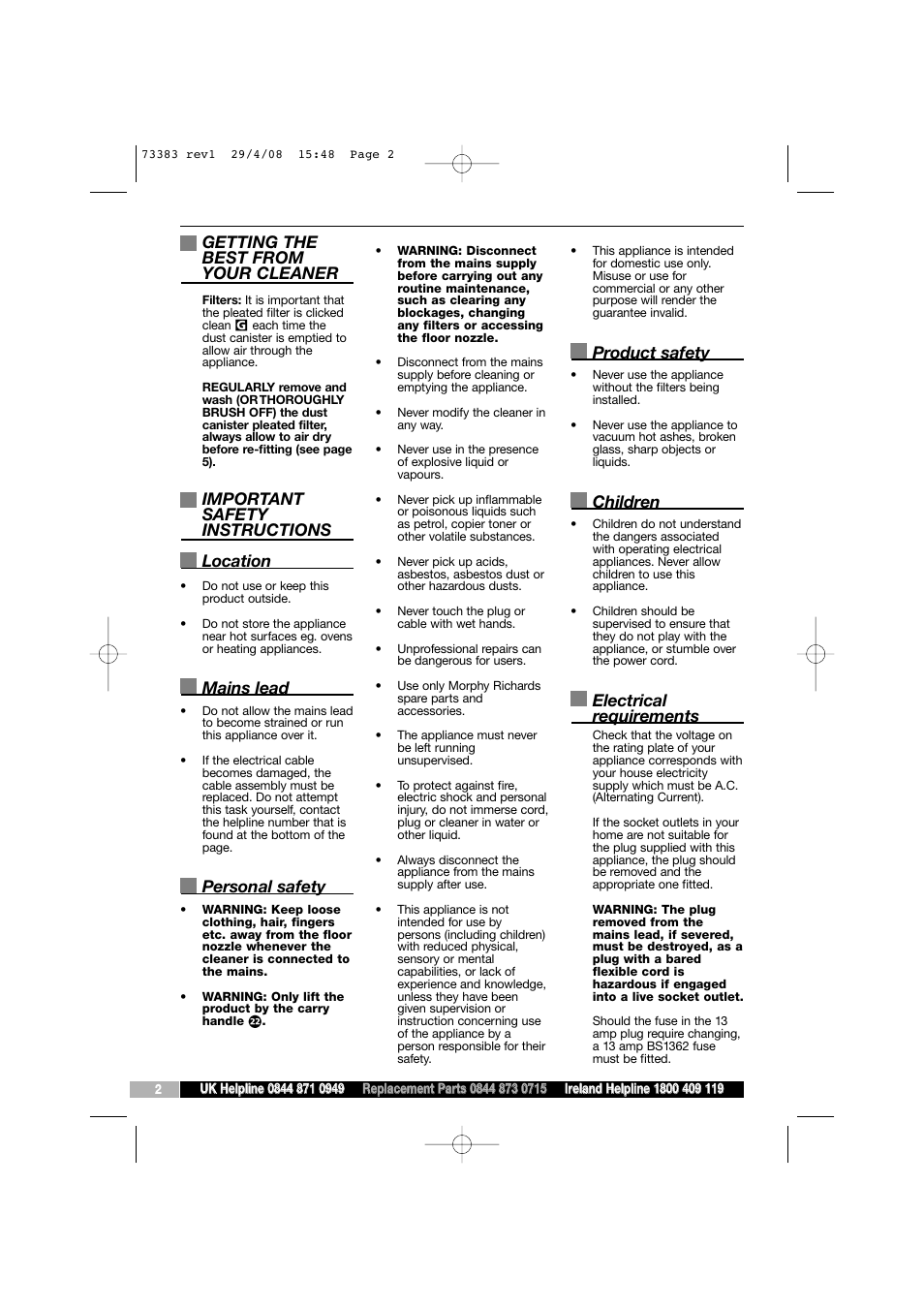 Getting the best from your cleaner, Important safety instructions location, Mains lead | Personal safety, Product safety, Children, Electrical requirements | Morphy Richards 73383 User Manual | Page 2 / 8