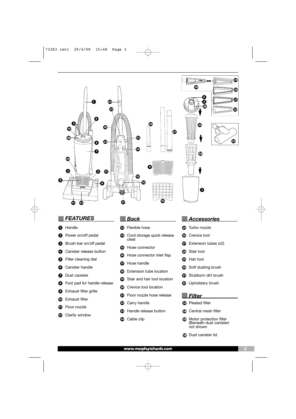 Features, Back, Accessories | Filter | Morphy Richards 73383 User Manual | Page 3 / 8