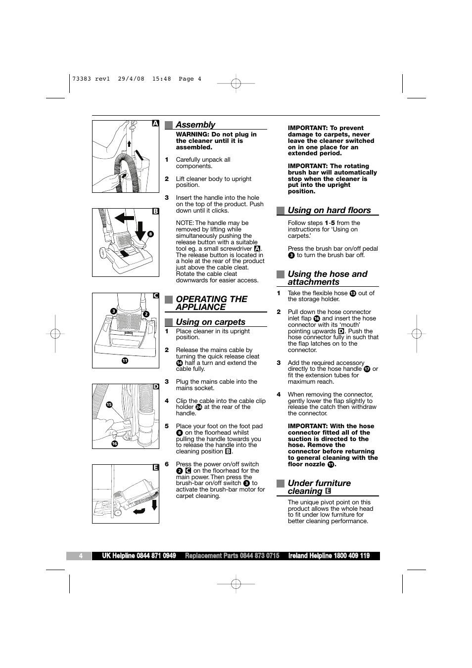 Assembly, Operating the appliance using on carpets, Using on hard floors | Using the hose and attachments, Under furniture cleaning | Morphy Richards 73383 User Manual | Page 4 / 8