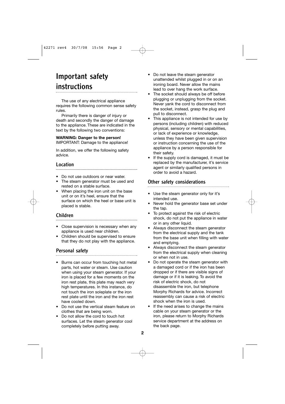 Important safety instructions, Location, Children | Personal safety, Other safety considerations | Morphy Richards Steam Generator User Manual | Page 2 / 8