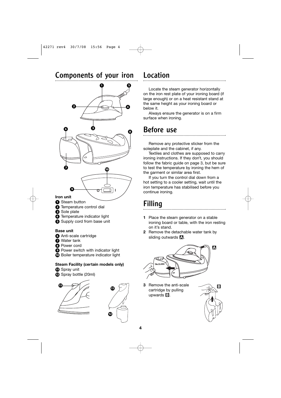 Components of your iron, Location, Before use | Filling | Morphy Richards Steam Generator User Manual | Page 4 / 8