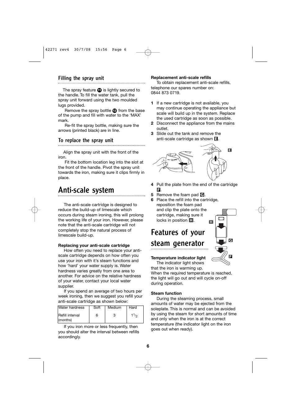 Anti-scale system, Features of your steam generator, Filling the spray unit | Morphy Richards Steam Generator User Manual | Page 6 / 8