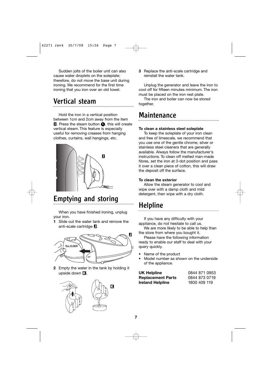 Vertical steam, Emptying and storing, Maintenance | Helpline | Morphy Richards Steam Generator User Manual | Page 7 / 8
