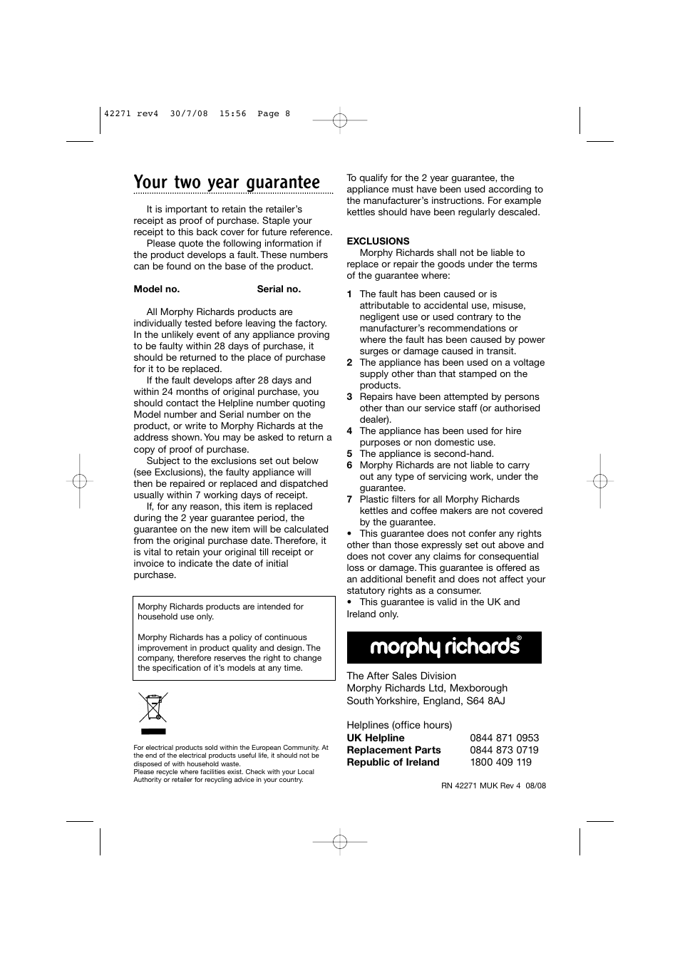 Your two year guarantee | Morphy Richards Steam Generator User Manual | Page 8 / 8