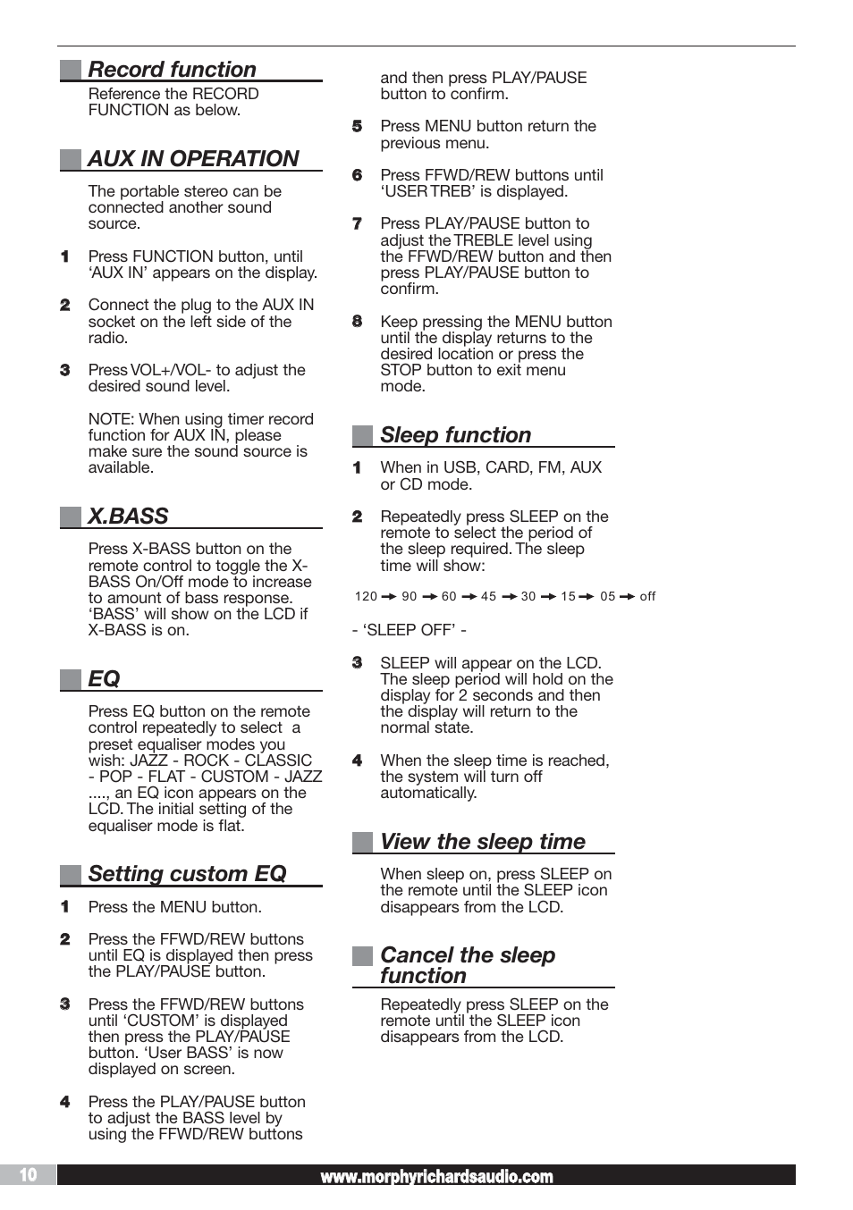 Record function, Aux in operation, X.bass | Setting custom eq, Sleep function, View the sleep time, Cancel the sleep function | Morphy Richards AD29405 User Manual | Page 10 / 16