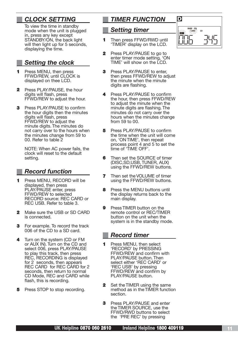 Clock setting, Setting the clock, Record function | Timer function setting timer, Record timer | Morphy Richards AD29405 User Manual | Page 11 / 16