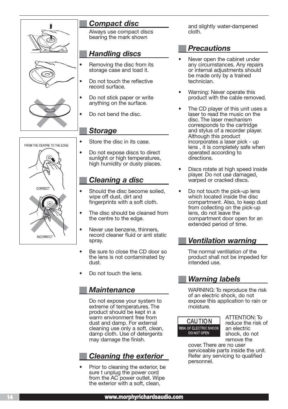 Compact disc, Handling discs, Storage | Cleaning a disc, Maintenance, Cleaning the exterior, Precautions, Ventilation warning, Warning labels | Morphy Richards AD29405 User Manual | Page 14 / 16