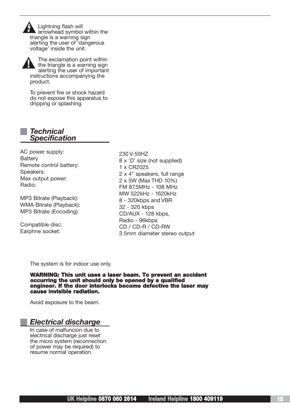 Technical specification, Electrical discharge | Morphy Richards AD29405 User Manual | Page 15 / 16