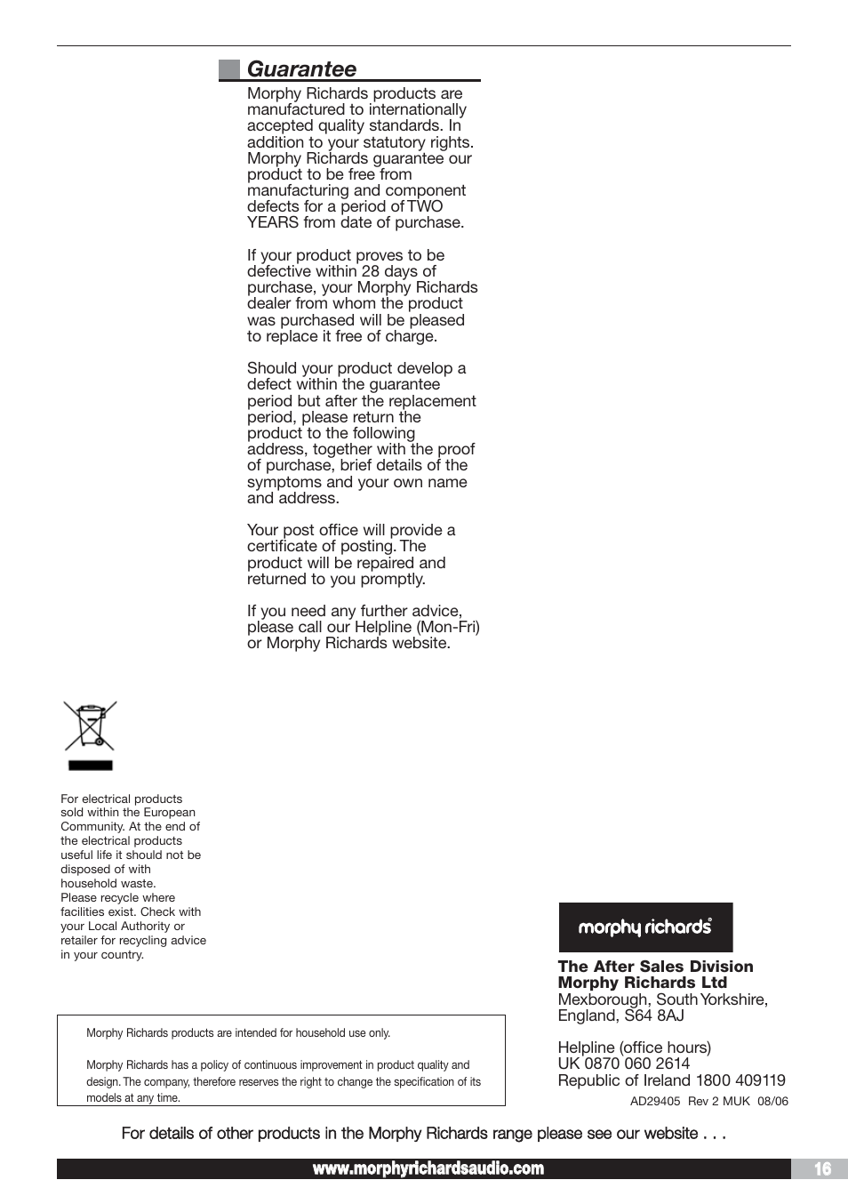 Guarantee | Morphy Richards AD29405 User Manual | Page 16 / 16