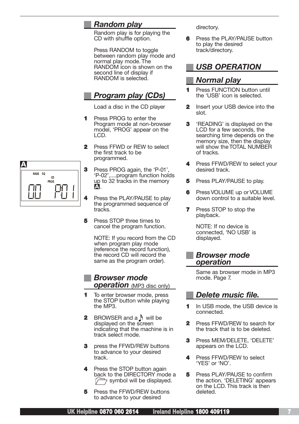 Random play, Program play (cds), Browser mode operation | Usb operation normal play, Delete music file | Morphy Richards AD29405 User Manual | Page 7 / 16