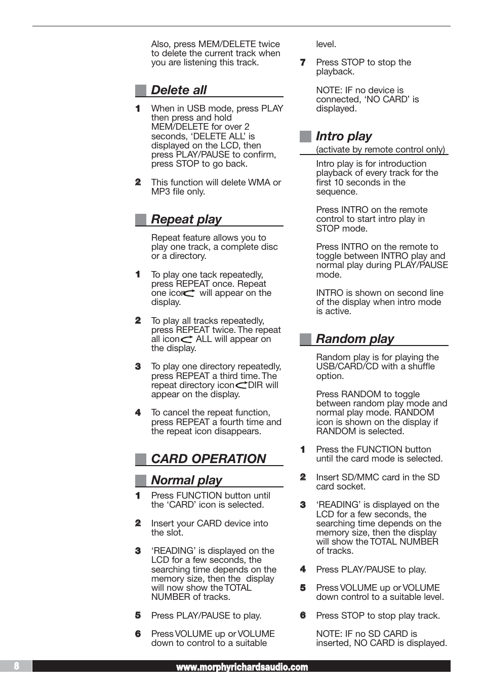 Delete all, Repeat play, Card operation normal play | Intro play, Random play | Morphy Richards AD29405 User Manual | Page 8 / 16