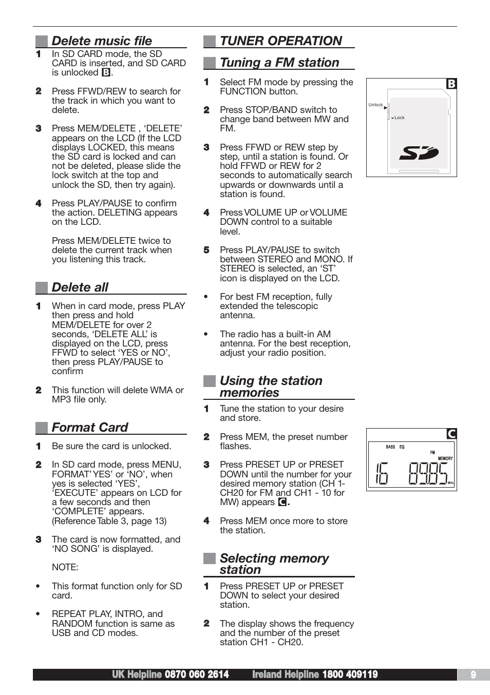 Delete music file, Delete all, Format card | Tuner operation tuning a fm station | Morphy Richards AD29405 User Manual | Page 9 / 16