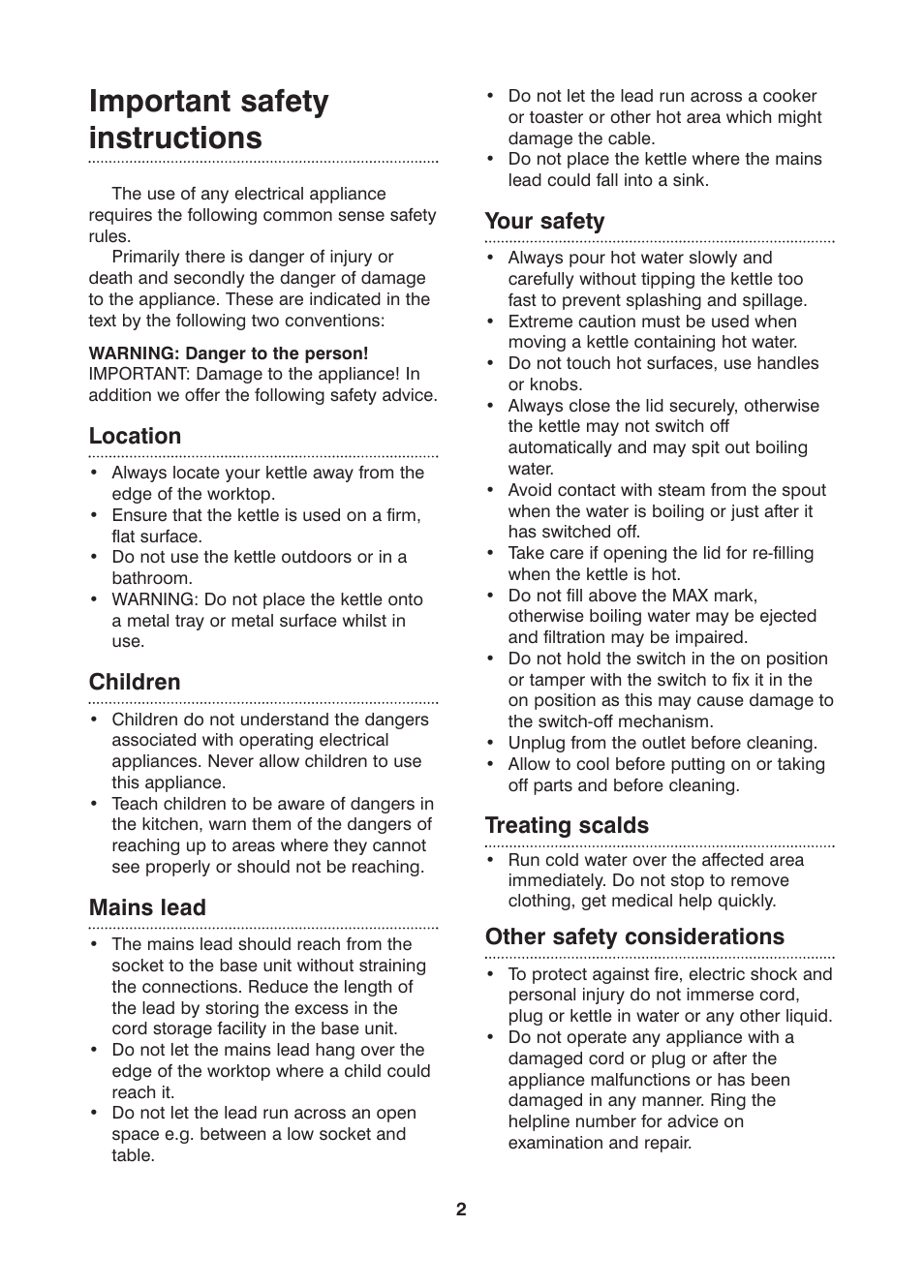 Important safety instructions, Location, Children | Mains lead, Your safety, Treating scalds, Other safety considerations | Morphy Richards Kettle User Manual | Page 2 / 8