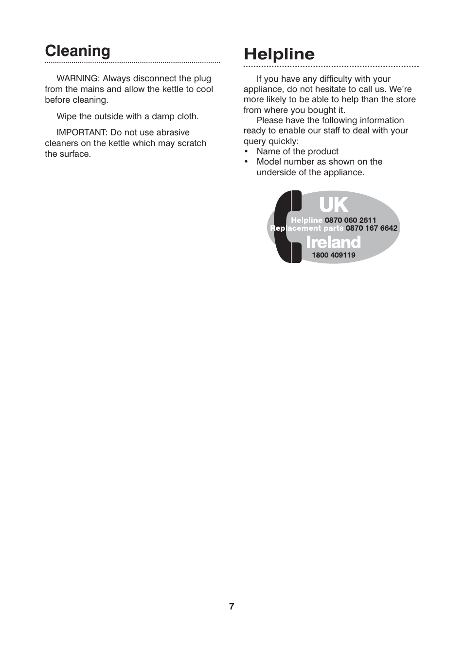 Cleaning, Helpline | Morphy Richards Kettle User Manual | Page 7 / 8