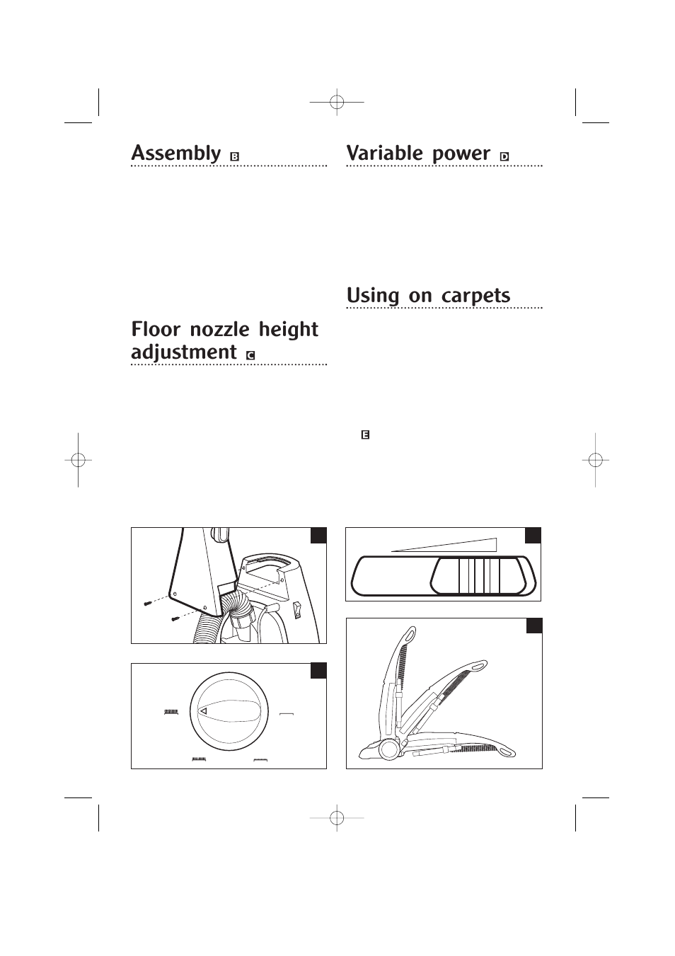 Assembly, Floor nozzle height adjustment, Variable power | Using on carpets | Morphy Richards Ecovac vacuum cleaner User Manual | Page 4 / 8