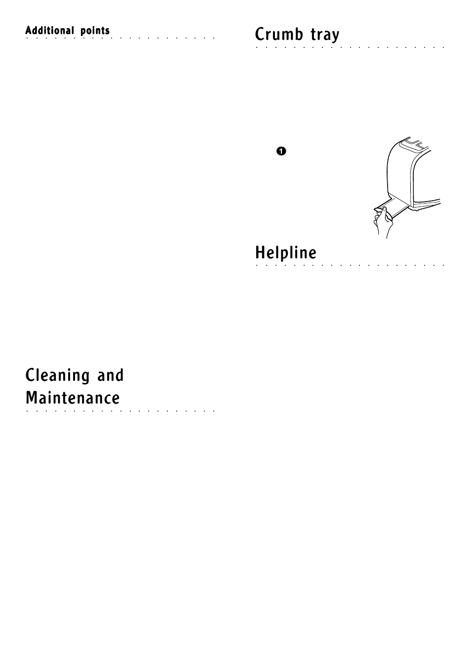 Crumb tray, Helpline, Cleaning and | Maintenance, Additional points | Morphy Richards Toaster User Manual | Page 5 / 6