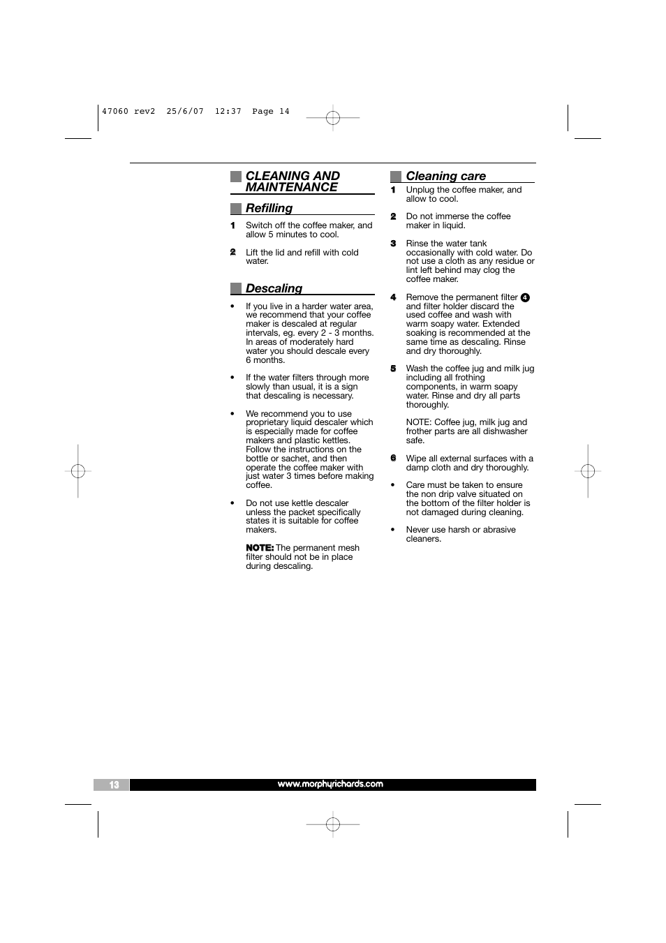 Cleaning and maintenance refilling, Descaling, Cleaning care | Morphy Richards 47062 User Manual | Page 14 / 16
